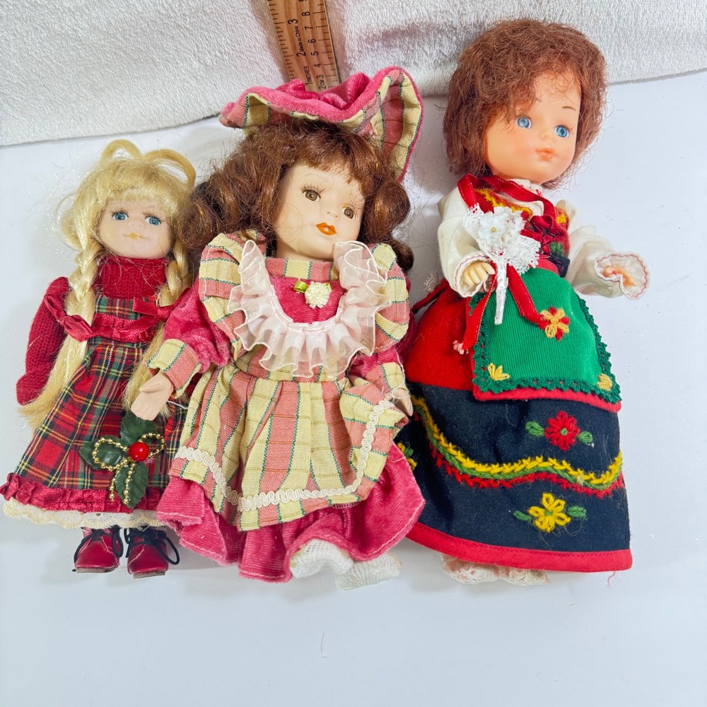 Vintage Porcelain and‎ Plastic Dolls Lot of 3 Christmas Holiday Folk Costume 8in